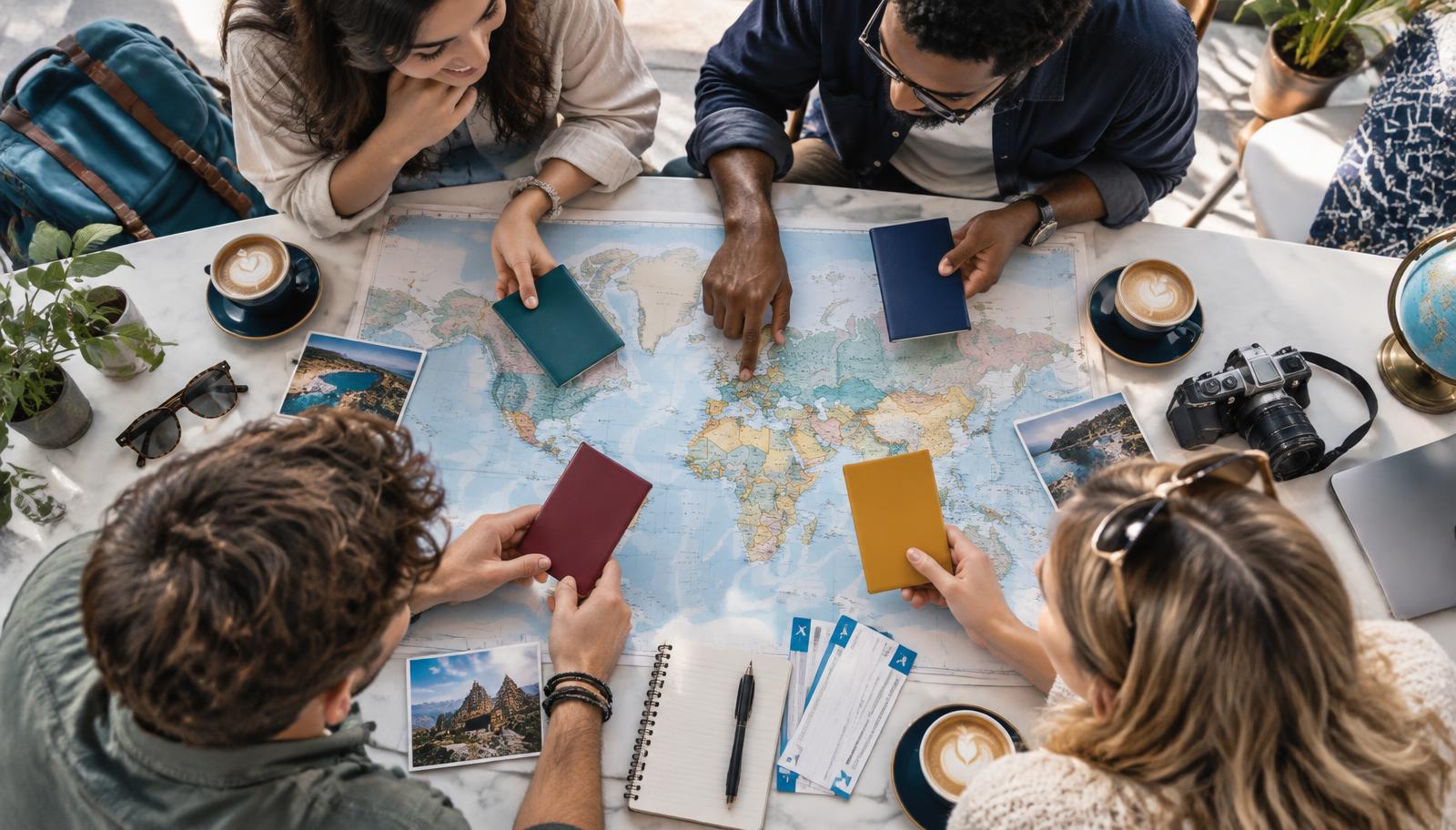 Four friends comparing passports and planning a trip together over a world map